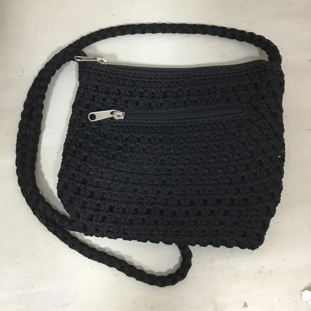 Lina black crochet crossbody or shoulder bag with plaited strap and pockets